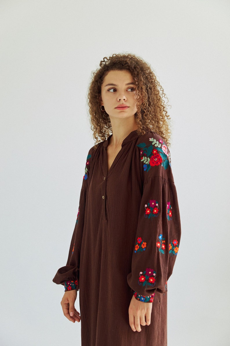 Embroidered cotton midi dress.Ukrainian Vyshyvanka chocolate brown dress for women. Traditional ukrainian embroidery. IN STOCK image 10