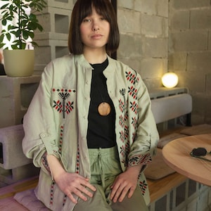 Unisex button down embroidered linen shirt. Modern vyshyvanka Chernihiv