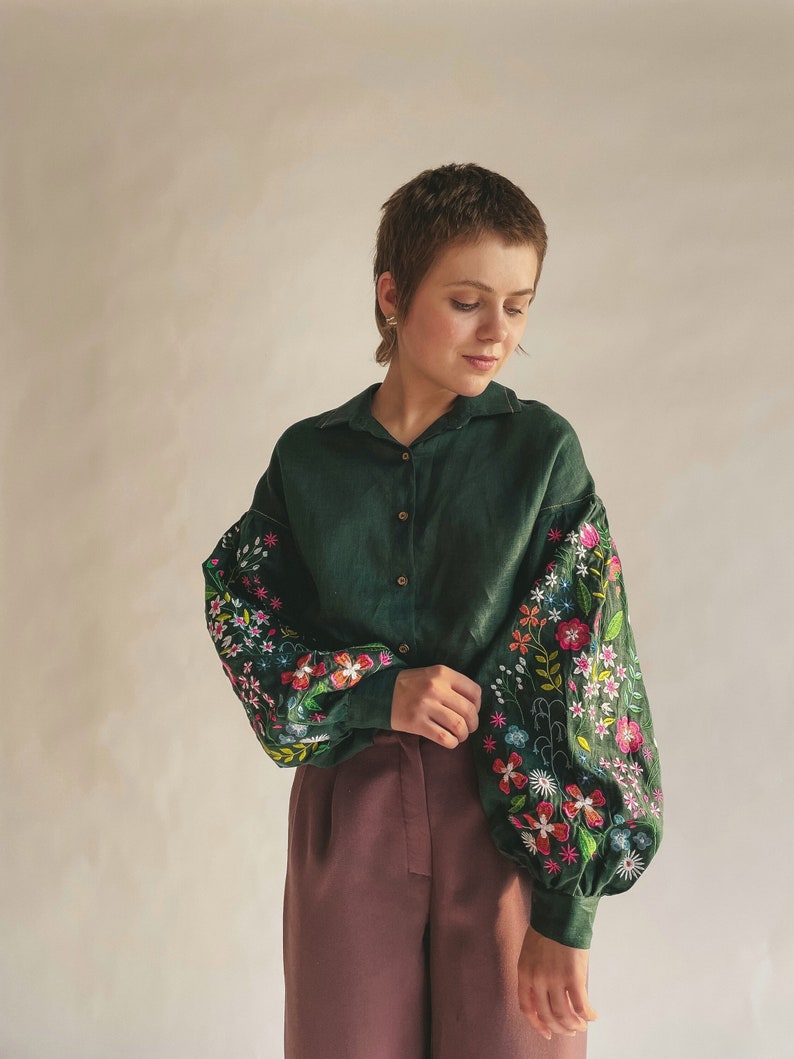 Forest embroidered linen blouse in Mexican style. Ukrainian embroidered vyshyvanka blouse. IN STOCK xS-2XL image 1