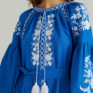 Blue linen embroidered dress. Ukrainian dress, boho wedding dress. In stock s, m image 7