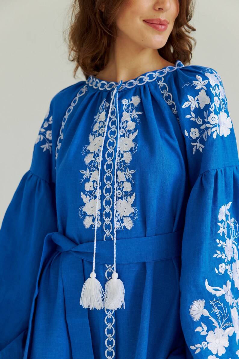 Blue linen embroidered dress. Ukrainian dress, boho wedding dress. In stock s, m image 7