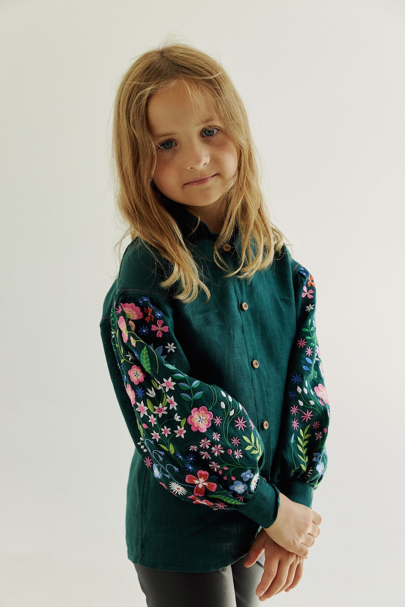 Forest green linen vyshyvanka blouse for girls. Ukrainian collar shirt for kids. IN STOCK image 9