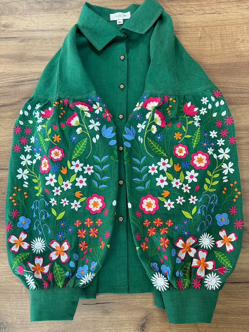 Forest embroidered linen blouse in Mexican style. Ukrainian embroidered vyshyvanka blouse. IN STOCK xS-2XL image 10