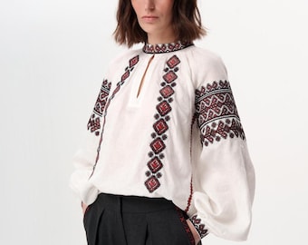 Embroidered linen blouse “Podillia” – Ukrainian traditional shirt in brick red & black | Handmade women’s folk top. Ukrainian vyshyvanka