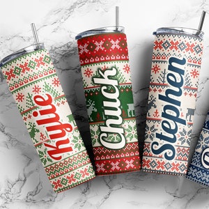 Ugly Sweater Christmas Tumbler with Name: Custom Holiday Travel Mug