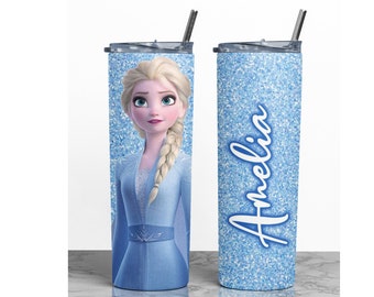 Elsa Tumbler with Name | Frozen Princess Gift, Glitter Look
