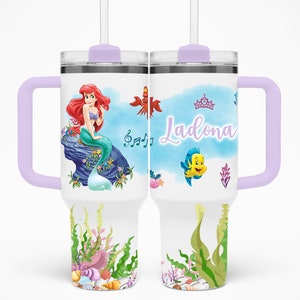 Ariel Tumblers, Custom 40oz Insulated Cup with Straw, Personalized Disney Mug, 40oz Handle Little Mermaid Mug, Custom Ariel Gift