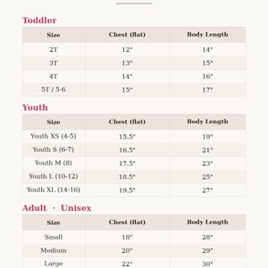 May include: A size chart and fit guide for Cruise Crew Tees in a unisex fit. The table lists measurements in inches for toddler, youth, and adult sizes, including chest flat and body length dimensions for each category from 2T to 3XL.