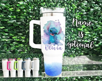 Stitch Tumblers, Custom 40oz Insulated Cup with Straw, Personalized Disney Mug, 40oz Handle Stitch Tumbler, Custom Lilo and Stitch Gift