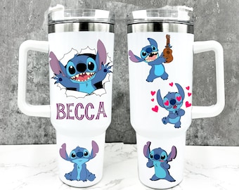 Stitch Tumblers, Custom 40oz Insulated Cup with Straw, Personalized Disney Mug, 40oz Handle Stitch Tumbler, Custom Lilo and Stitch Gift
