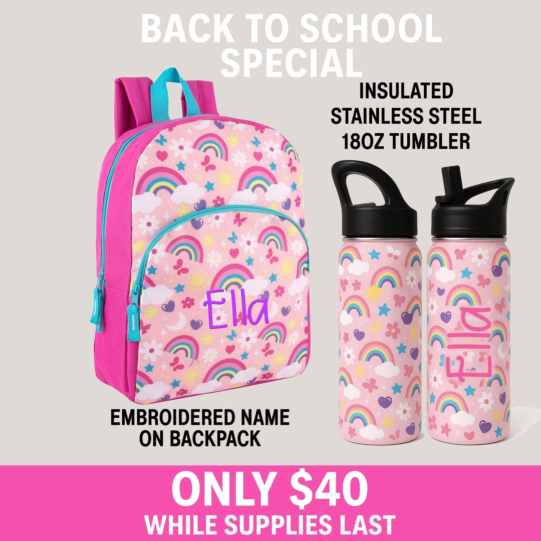 Custom Girls Backpack & Matching Water Bottle Set – Personalized Name ...