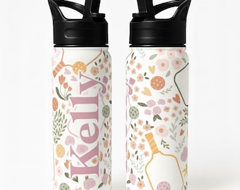 Botella de agua personalizada de Pickleball / Vaso de acero inoxidable con diseño floral de Pickleball
