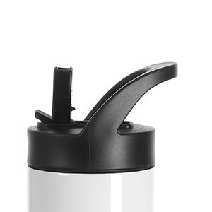 May include: Close-up of a black and white stainless steel water bottle with a black flip top lid. The lid has a carrying handle.