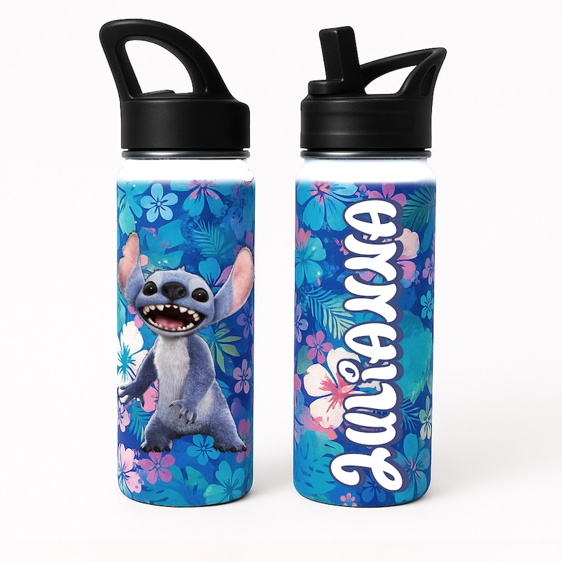May include: Two stainless steel water bottles with black lids. One bottle features a blue cartoon character with large ears and a wide grin, set against a blue floral background. The other bottle has the name "Juliana" in white script.