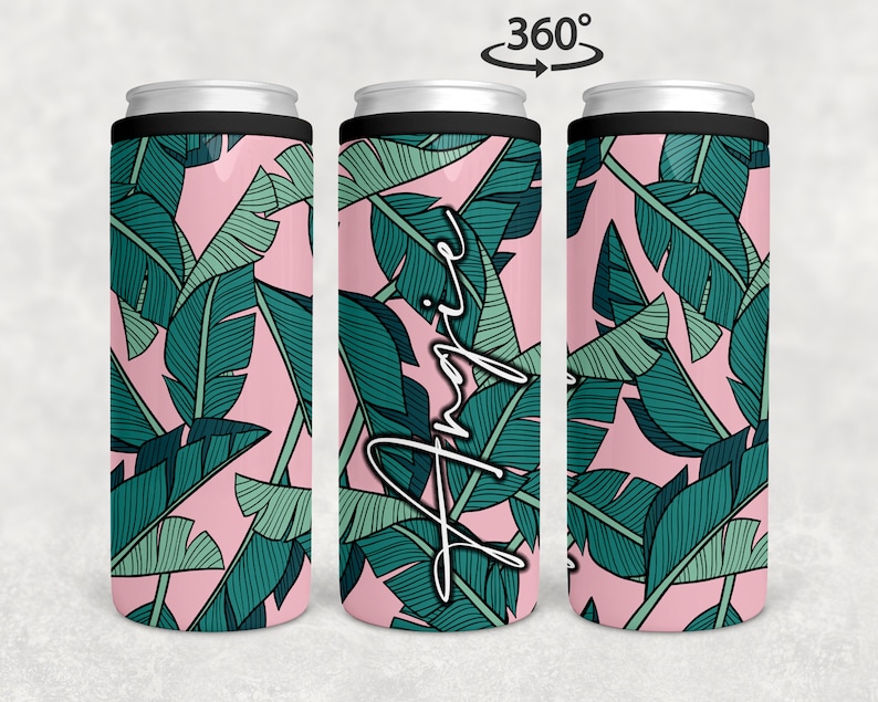 Personalized Plant Skinny Can Cooler, Custom Tropical Slim Can Holder, Custom Gift for Plant Lover, Seltzer Can Cooler, Bridesmaid Gift image 1