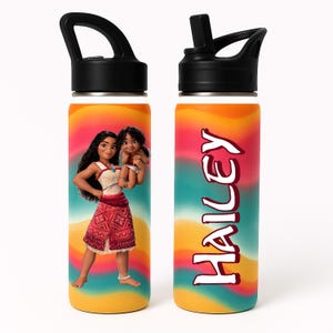 May include: A stainless steel water bottle with a black lid and handle. The bottle features a colorful design with a cartoon image of two characters and the name "HAILEY" in white. The background has a gradient of orange, pink, and teal.