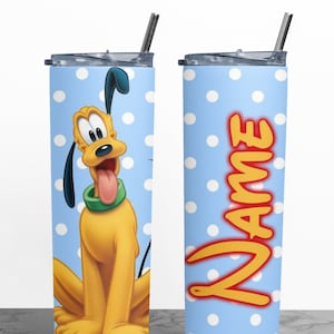 May include: Two stainless steel tumblers with lids and straws. One tumbler features a cartoon image of Pluto, the Disney dog, on a blue background with white polka dots. The other tumbler has the word "NAME" in orange letters on a blue background with white polka dots.