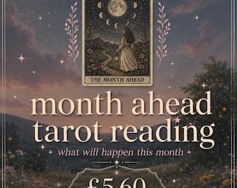 Può includere: Un grafico digitale con una carta dei tarocchi intitolata The Month Ahead, che raffigura una persona con una lanterna sotto un ciclo lunare. Il testo recita silly goose tarot, month ahead tarot reading, what will happen this month e £5.60.