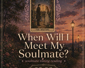 May include: A digital graphic featuring the text "silly goose tarot", "When Will I Meet My Soulmate?", "soulmate timing reading", and "£9.99". It displays a tarot card titled "THE MEETING" showing two figures standing under a streetlamp.