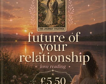 May include: A digital graphic featuring a tarot card titled The Journey Together, showing two figures standing in a landscape. The text reads Silly Goose Tarot, future of your relationship, love reading, £5.50, and readings available through Etsy.