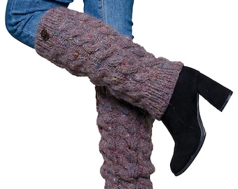 Hand Knitted Recycled Wool Leg Warmers: Rosé Cable Knit