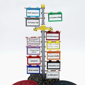 K&ouml;nnte beinhalten: Ein silbernes Schwert mit gelbem Griff und schwarzem Sockel. Das Schwert h&auml;lt 12 bunte quadratische Schilder mit Text darauf. Die Schilder sind 3,8 cm breit und 1,9 cm hoch. Der Text auf den Schildern lautet: "Each square is", "1.5 Inches Wide", ".75 Inches Tall", "Big enough for 3 lines of 12pt text for reeeally long titles", "Or even a cool picture!", "12 total spaces", "...or a hand written name", "So your totally awesome", "encounter can", "all be tracked", "in ONE place!"