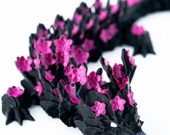Blossom Dragon | Up to 30 inch, 3D printed dragon with articulating links adorned with flower blossoms and a pedal tail and boopable snoot