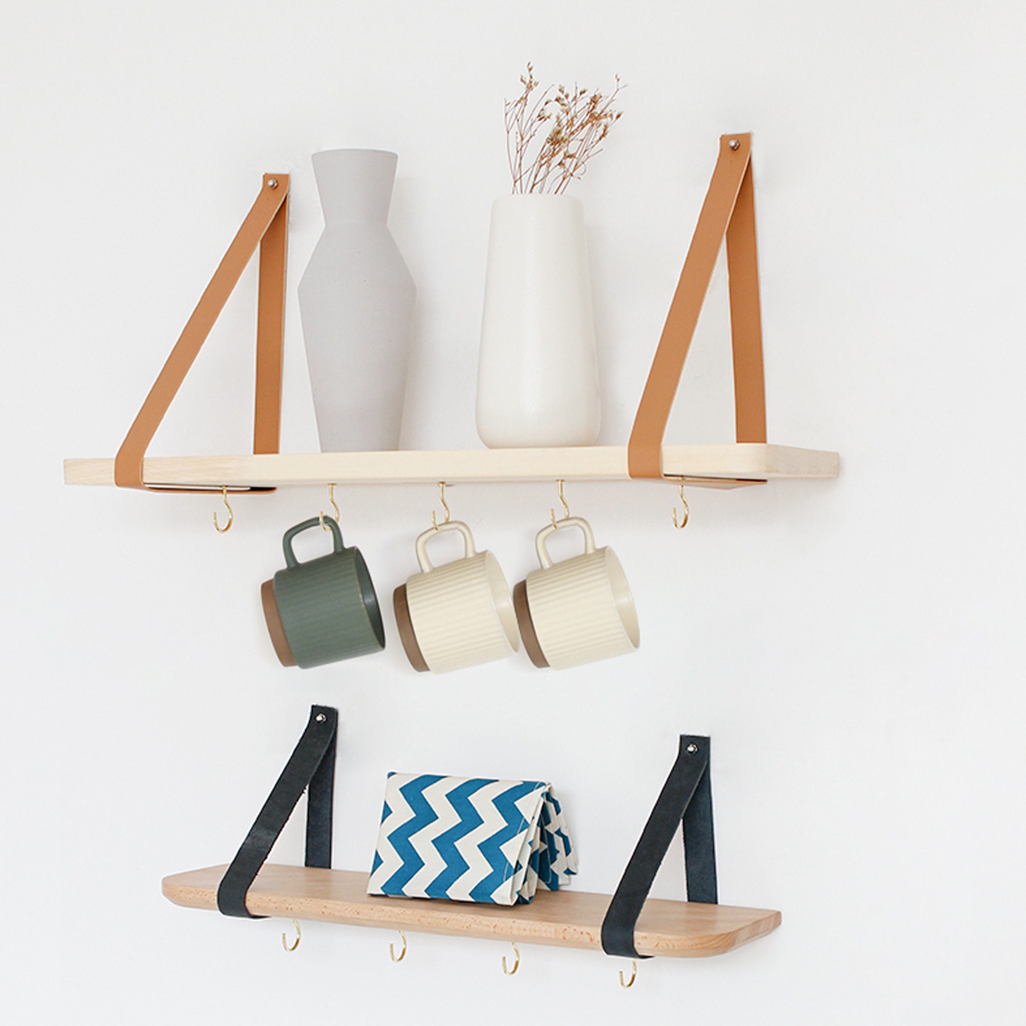 Leather Strap Shelf Natural Wood Shelf Leather Strap Etsy