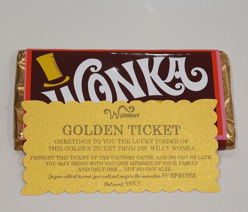 Willy Wonka Wrapper Golden Ticket With Or Without Chocolate Optional Personalisation Of The Ticket Wedding Birthday Party Theatre Easter image 5