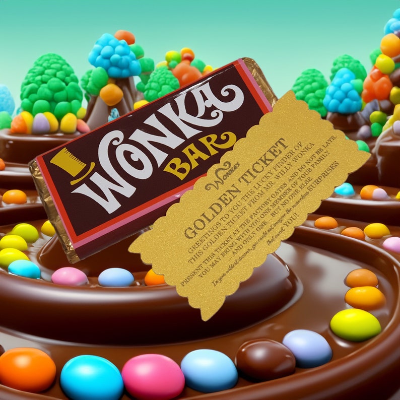 Willy Wonka Wrapper Golden Ticket With Or Without Chocolate Optional Personalisation Of The Ticket Wedding Birthday Party Theatre Easter image 1