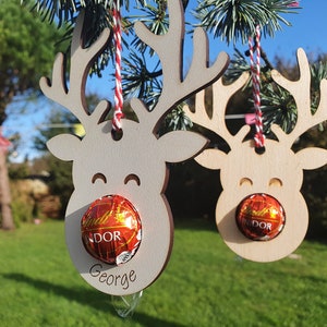 Personalised Wooden Reindeer With Hole For Lindor Chocolate Ball (Chocolate Not Included)