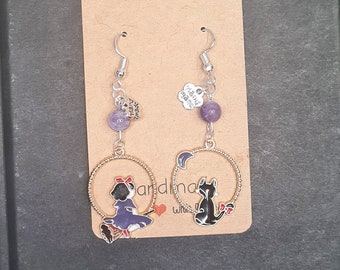 Kawaii earrings, custom earrings, kawaii cat earrings, earrings, witch with her cat, manga, amethyst, jewelry, handmade, gift.