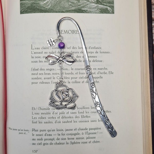 Cute bookmark, custom bookmark, metal bookmark, bookmark, marque-pages, rose, ruban, perles de jaspe violette, fait main, handmade, gift.