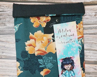 Booksleeve, pochette, pochette livre, book pouch, kawaii fabric, cat fabric, chat, noir, pivoine, peony fabric, couture, cadeau fait main