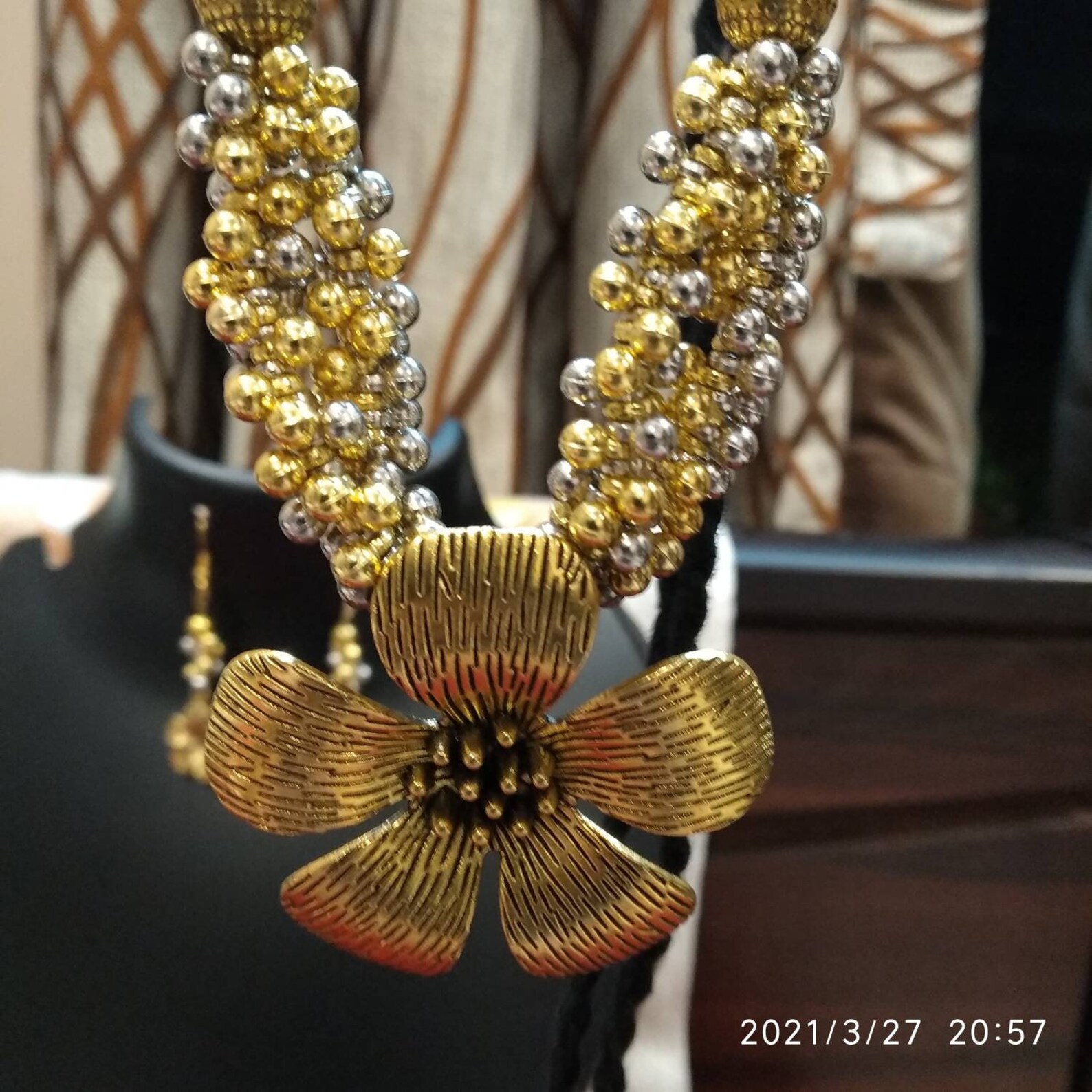 Golden flower necklace set with flower shaped earrings. Etsy