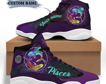 personalized pisces zodiac sign men women high top sneakers, handmade shoes, custom name casual shoes, gift for him, gift for her