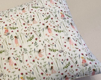 Fairy cushion cover | flower cushion cover | pink and white stripes | peony and sage | children's bedroom | linen | stripes.