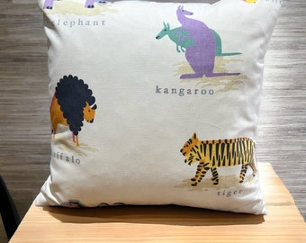 Sanderson children’s bedroom safari animals cushion cover | blue gingham back