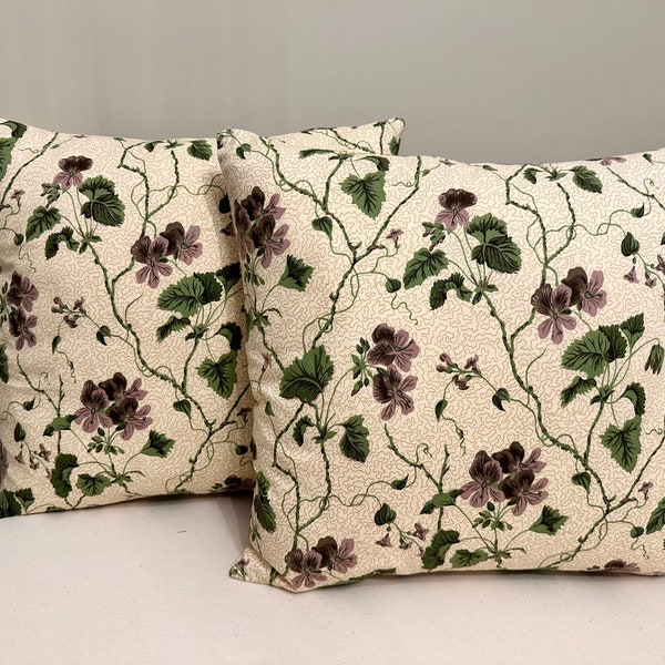 Colefax and fowler cushion cover | climbing geraniums | vintage fabric | purple flowers |  flower decor