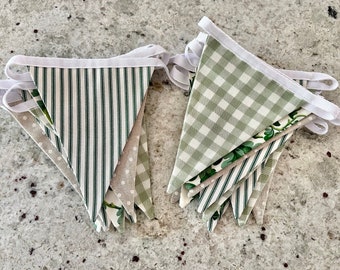 Green gingham | linen spot | country green stripes | oak leaves handmade bunting.