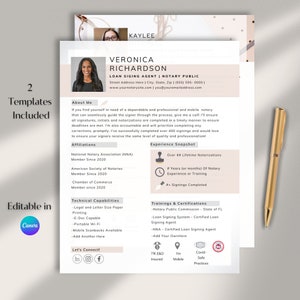 Notary Resume Template, Loan Signing Agent Marketing Letter, Notary Resume Canva Template