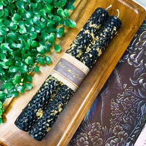 2 BeesWax Candles, Black & Gold Pillar Candle, Taper Altar Candle, Natural Wax Ritual Candle, Tall BeesWax Candle, ADD: Scent