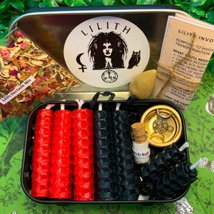 LILITH Pocket Altar, Mini Lilith Goddess Travel Altar Kit, BeesWax Candles, Mini Ritual Box, Dark Moon Lilith Shrine Tin, Witchcraft Box