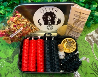 LILITH Pocket Altar, Mini Lilith Goddess Travel Altar Kit, BeesWax Candles, Mini Ritual Box, Dark Moon Lilith Shrine Tin, Witchcraft Box