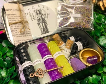 HECATE Pocket Altar, Witches Travel Altar in Metal Box, Complete Hecate Goddess Invocation Set, 100% BeesWax Candles, Wiccan, Pagan Magick