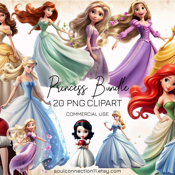 Princess PNG Clipart Bundle, Commercial Use Princess Images, Rapunzel, Cinderella, Belle, SnowWhite, Ariel Sublimation Design Princess Print