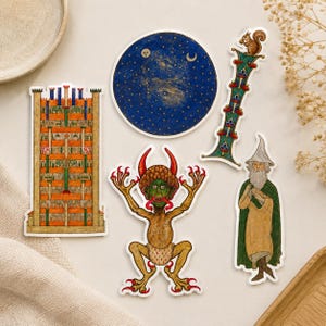 May include: A set of four stickers featuring medieval-style illustrations: a tall orange and green castle, a circular blue night sky with stars and moons, a decorative letter I topped with a squirrel, and a green-skinned demon with red horns.