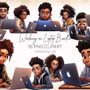 May include: A digital clipart bundle of 16 images featuring diverse cartoon characters working on laptops. The characters are all young adults with brown skin and curly hair. They are wearing casual clothing and are sitting at desks with their laptops open. The text "Working on Laptop Bundle 16 PNG CLIPART COMMERCIAL USE" is displayed at the bottom of the image.