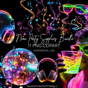 Clipart PNG Neon Disco, Immagini di articoli per feste al neon, Design a sublimazione, Adesivo digitale, Stampa per feste al neon, Palla da discoteca, Occhiali al neon