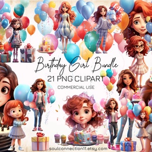 Clipart PNG per ragazza di compleanno, pacchetto immagini festa di compleanno, design a sublimazione, adesivo digitale, palloncini, torta di compleanno, decorazioni per feste